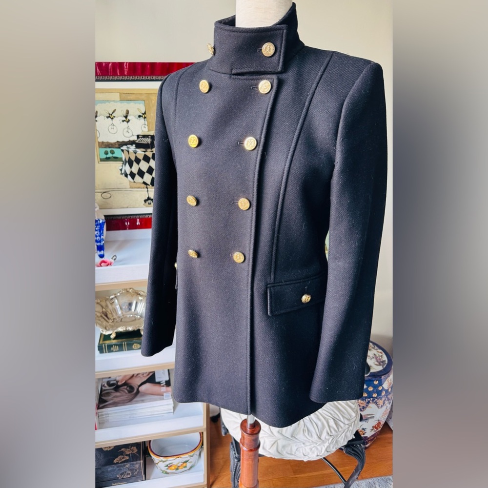 Zara MANTECO premium wool Black Pea Coat with Gold Accents - Picture 2 of 8